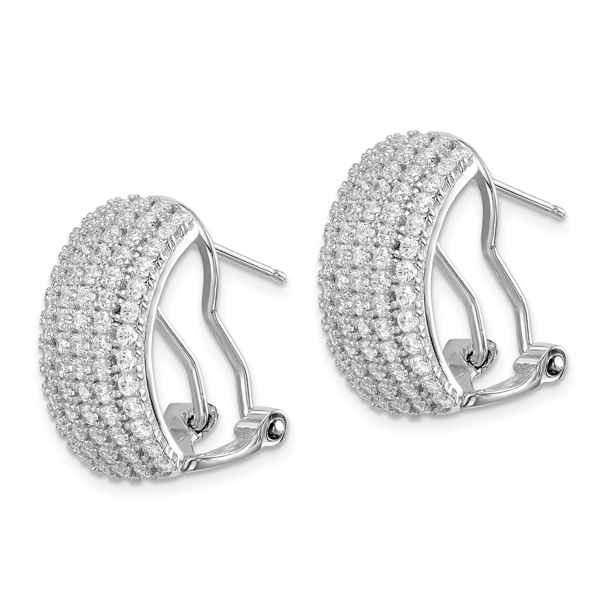 Sterling Silver Hoop Earrings with Cubic Zirconia, Pave Multi Row, Omega Back