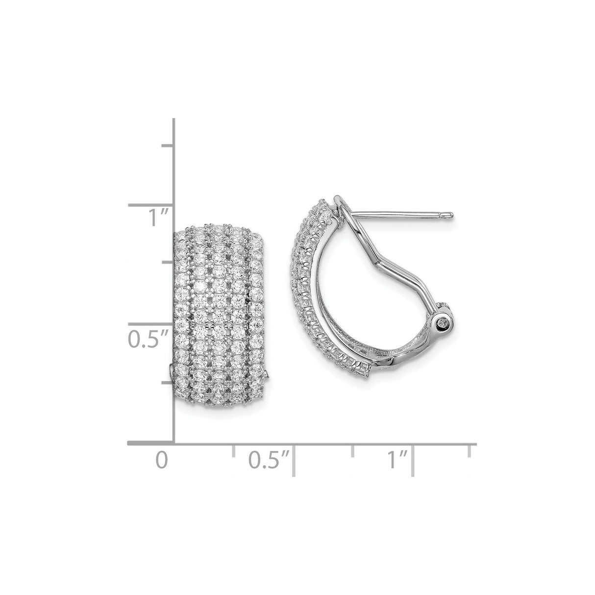 Sterling Silver Hoop Earrings with Cubic Zirconia, Pave Multi Row, Omega Back