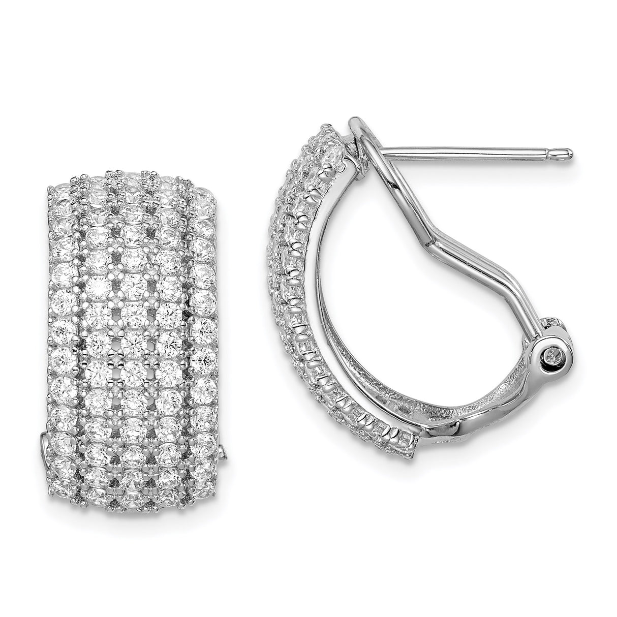 Sterling Silver Hoop Earrings with Cubic Zirconia, Pave Multi Row, Omega Back