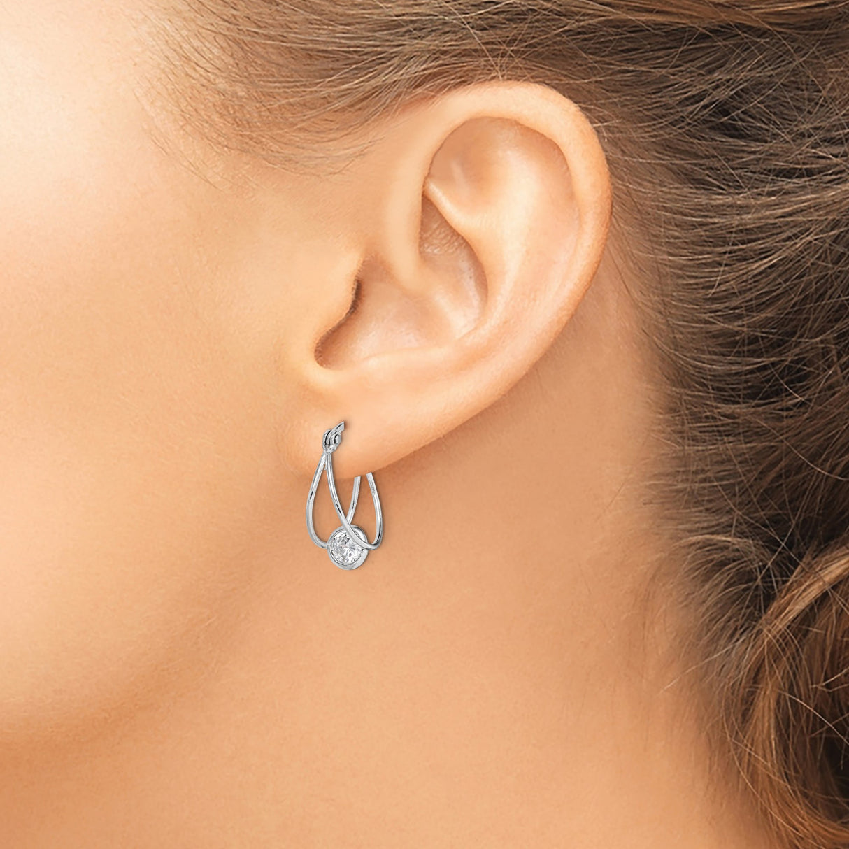 Sterling Silver Teardrop Hoop Earrings with Bezel Set Cubic Zirconia, Modern Open Design