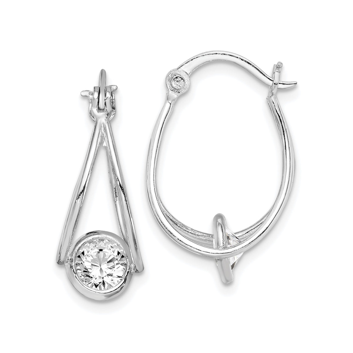 Sterling Silver Teardrop Hoop Earrings with Bezel Set Cubic Zirconia, Modern Open Design