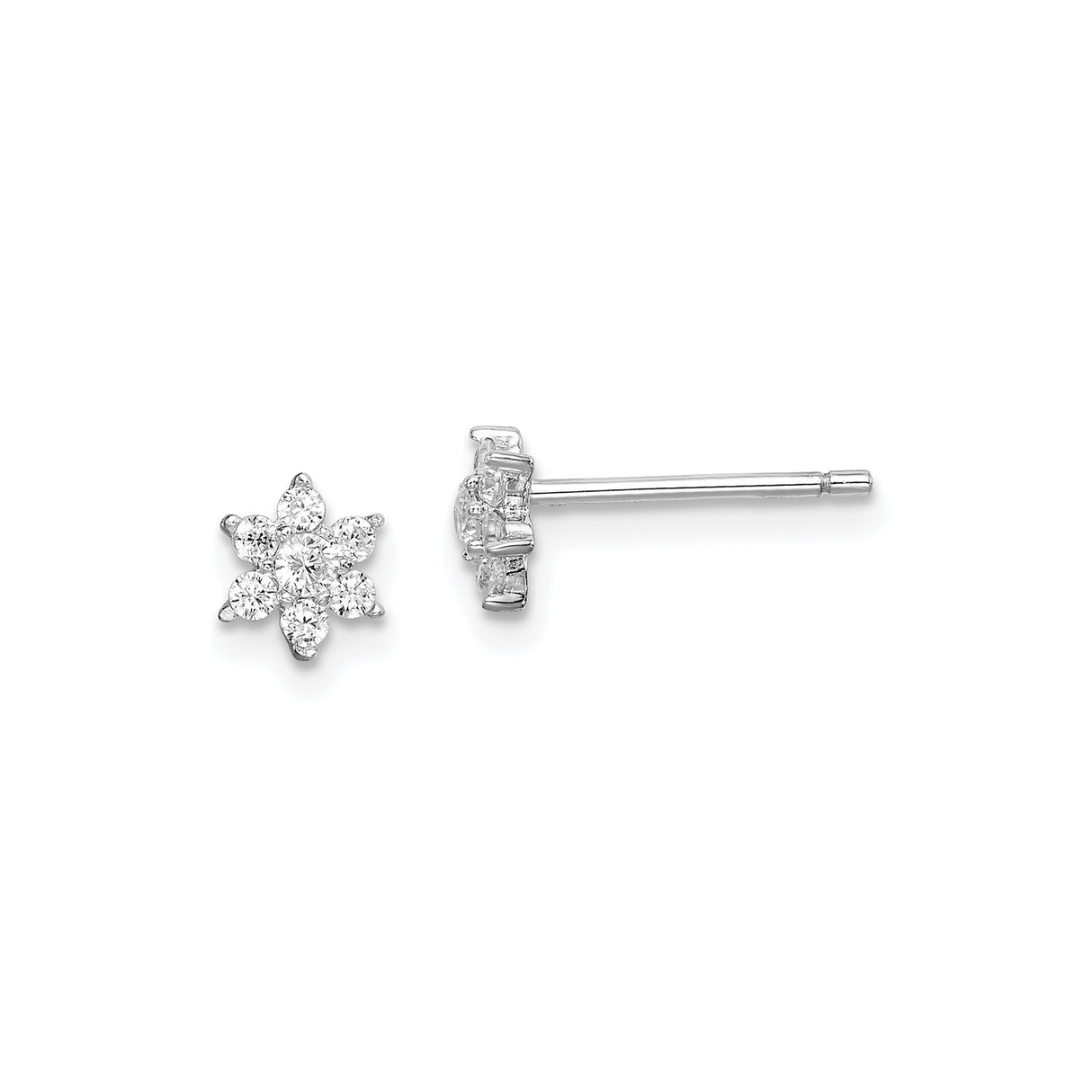 Sterling Silver Flower Stud Earrings with Clear Cubic Zirconia, Six-Petal Floral Design