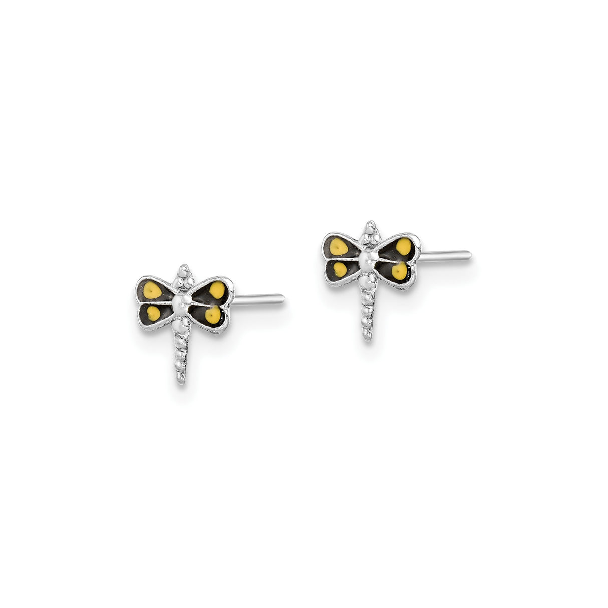 Sterling Silver Dragonfly Stud Earrings with Black and Yellow Enamel Wings