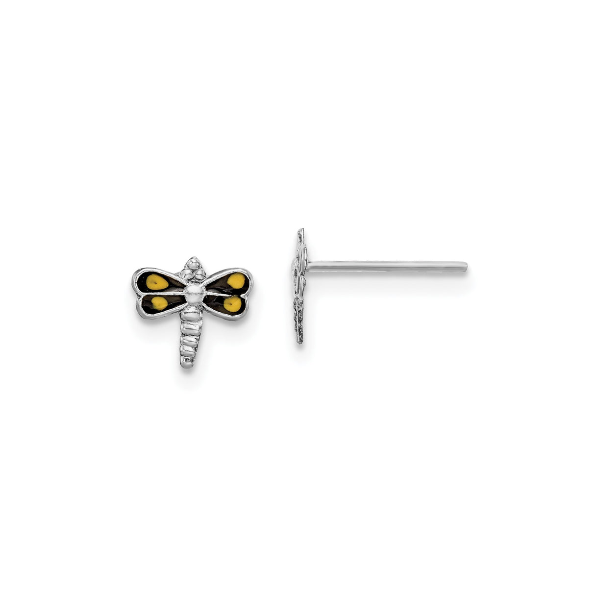Sterling Silver Dragonfly Stud Earrings with Black and Yellow Enamel Wings