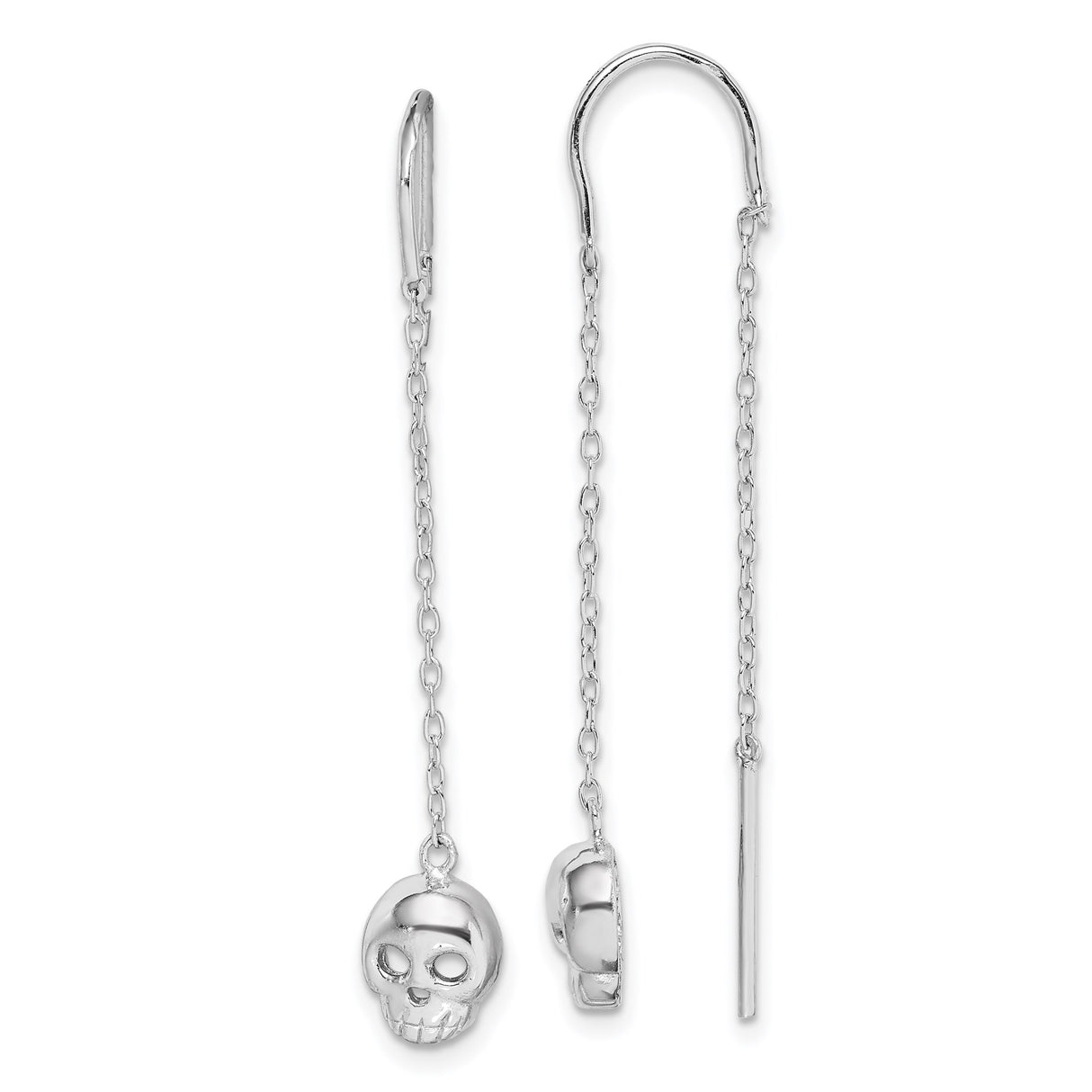 Sterling Silver Threader Earrings with Dangling Skull Charms, Gothic Punk Style