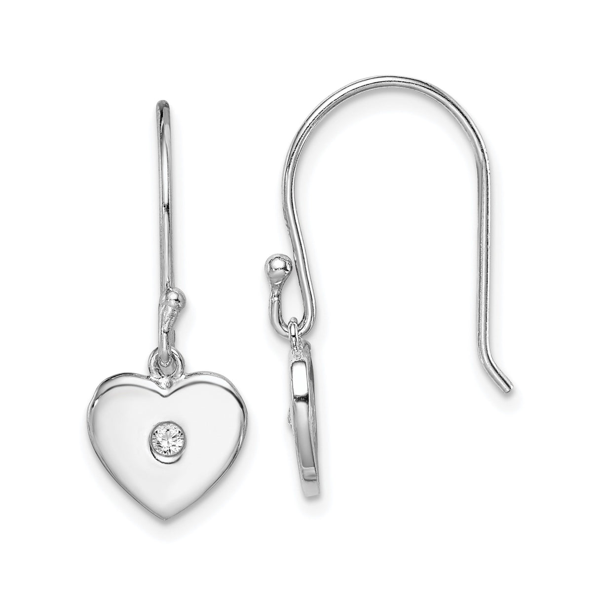 Sterling Silver Heart Drop Earrings with Cubic Zirconia Center, Romantic Dangle Design for Women