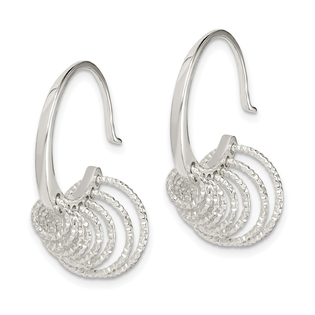 Sterling Silver Dangle Hoop Earrings with Textured Concentric Circle Drops, Hammered Finish Rings