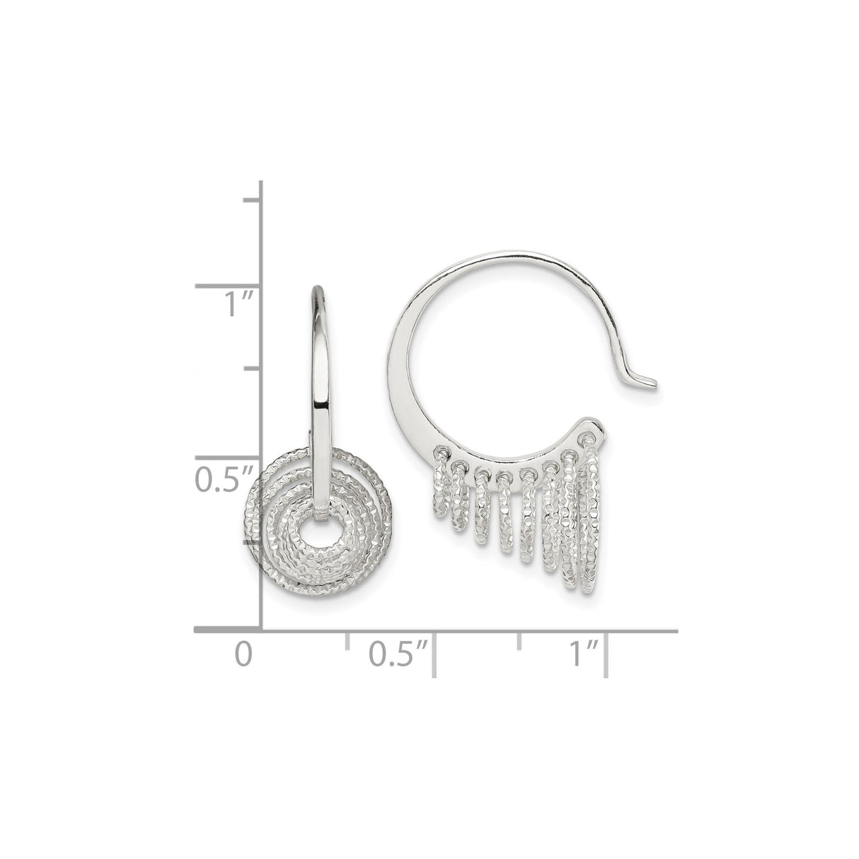 Sterling Silver Dangle Hoop Earrings with Textured Concentric Circle Drops, Hammered Finish Rings