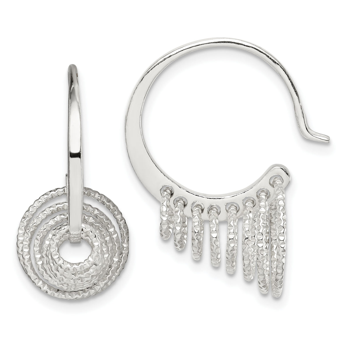 Sterling Silver Dangle Hoop Earrings with Textured Concentric Circle Drops, Hammered Finish Rings