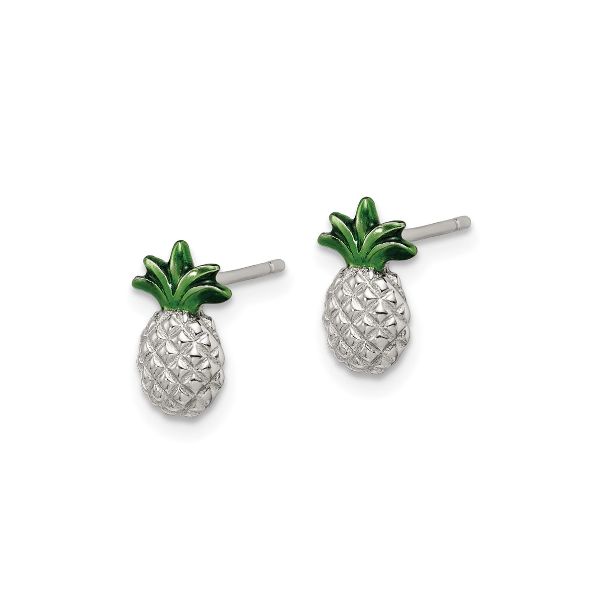 Sterling Silver Pineapple Stud Earrings with Green Enamel Tops, Tropical Fruit Design