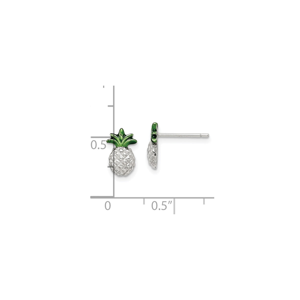 Sterling Silver Pineapple Stud Earrings with Green Enamel Tops, Tropical Fruit Design