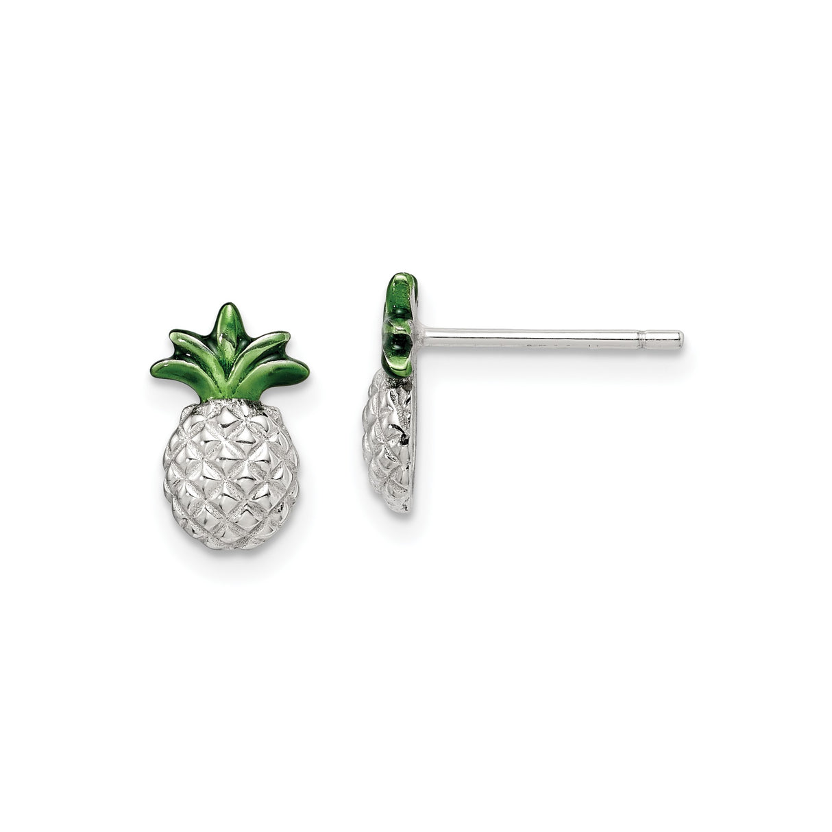 Sterling Silver Pineapple Stud Earrings with Green Enamel Tops, Tropical Fruit Design