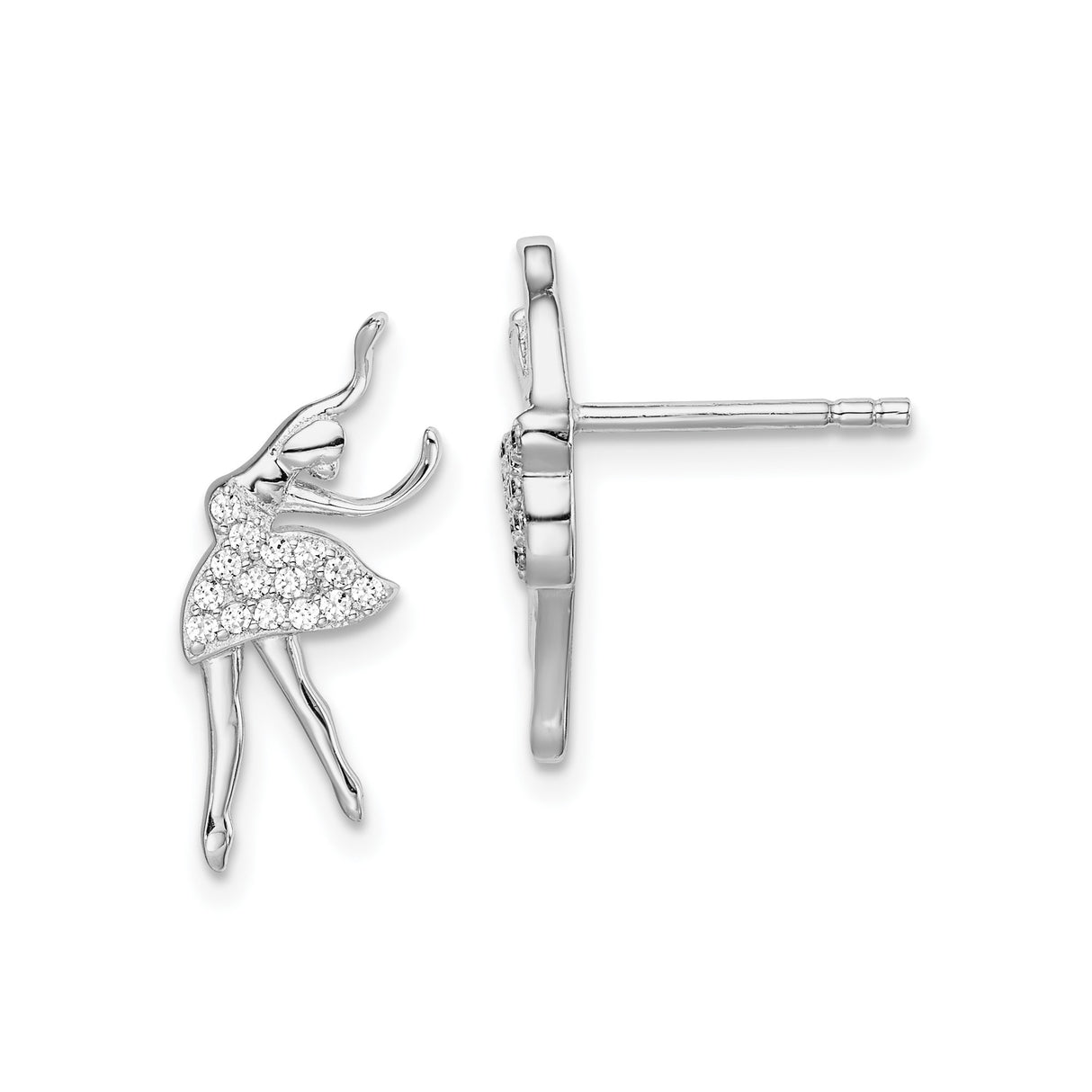 Sterling Silver Ballerina Stud Earrings with Cubic Zirconia, Ballet Silhouette Design