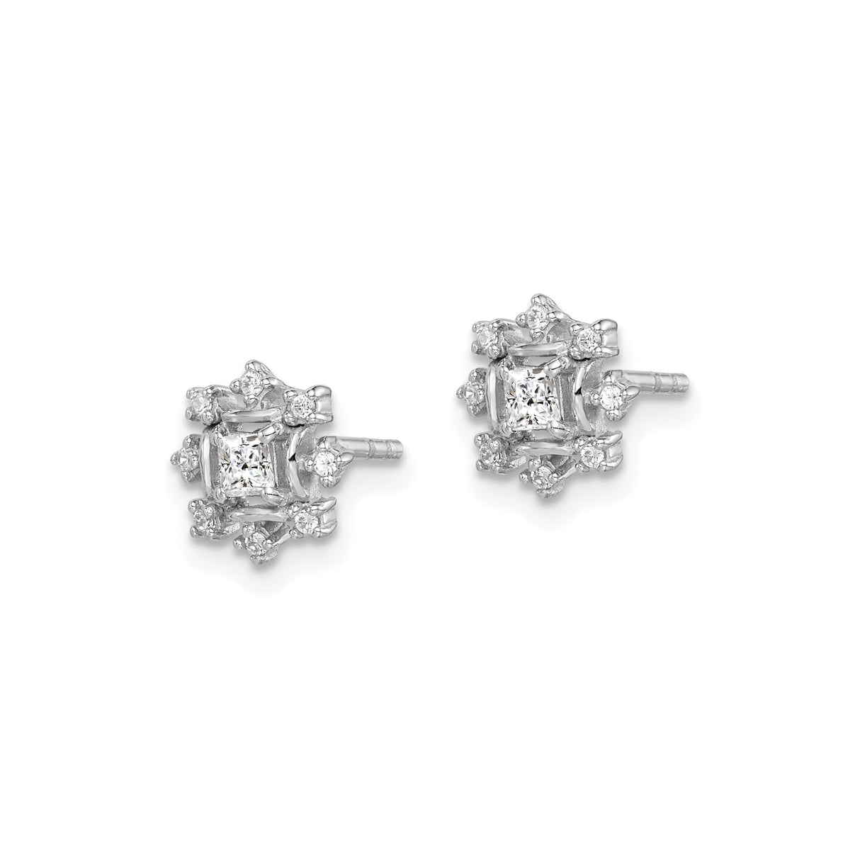 Sterling Silver Stud Earrings with Square-Cut Cubic Zirconia and Floral Snowflake Design