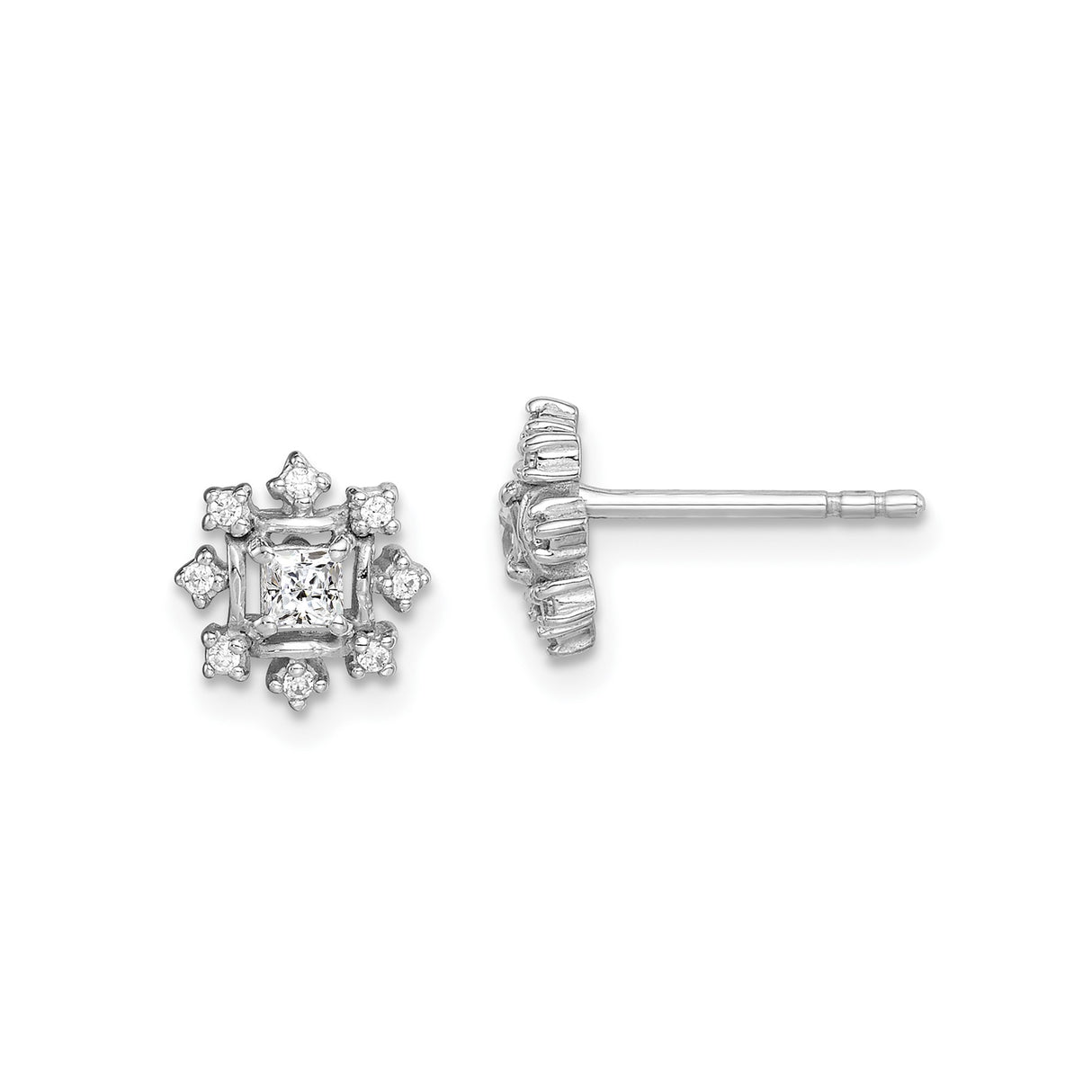 Sterling Silver Stud Earrings with Square-Cut Cubic Zirconia and Floral Snowflake Design