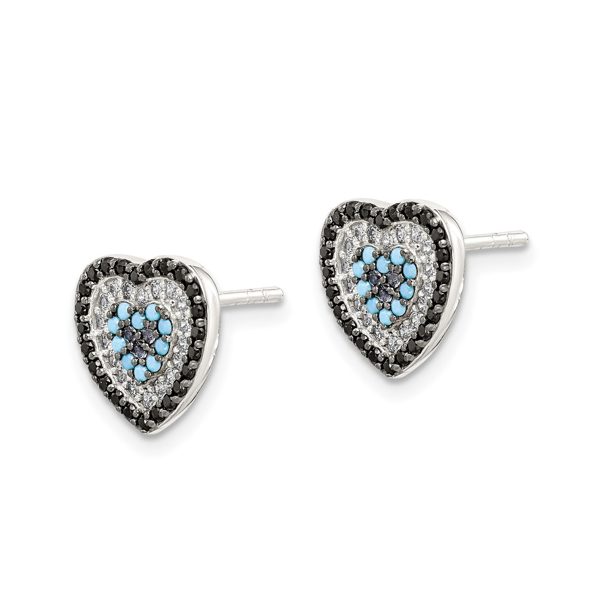 Sterling Silver Heart Stud Earrings with Black, White, and Light Blue Cubic Zirconia