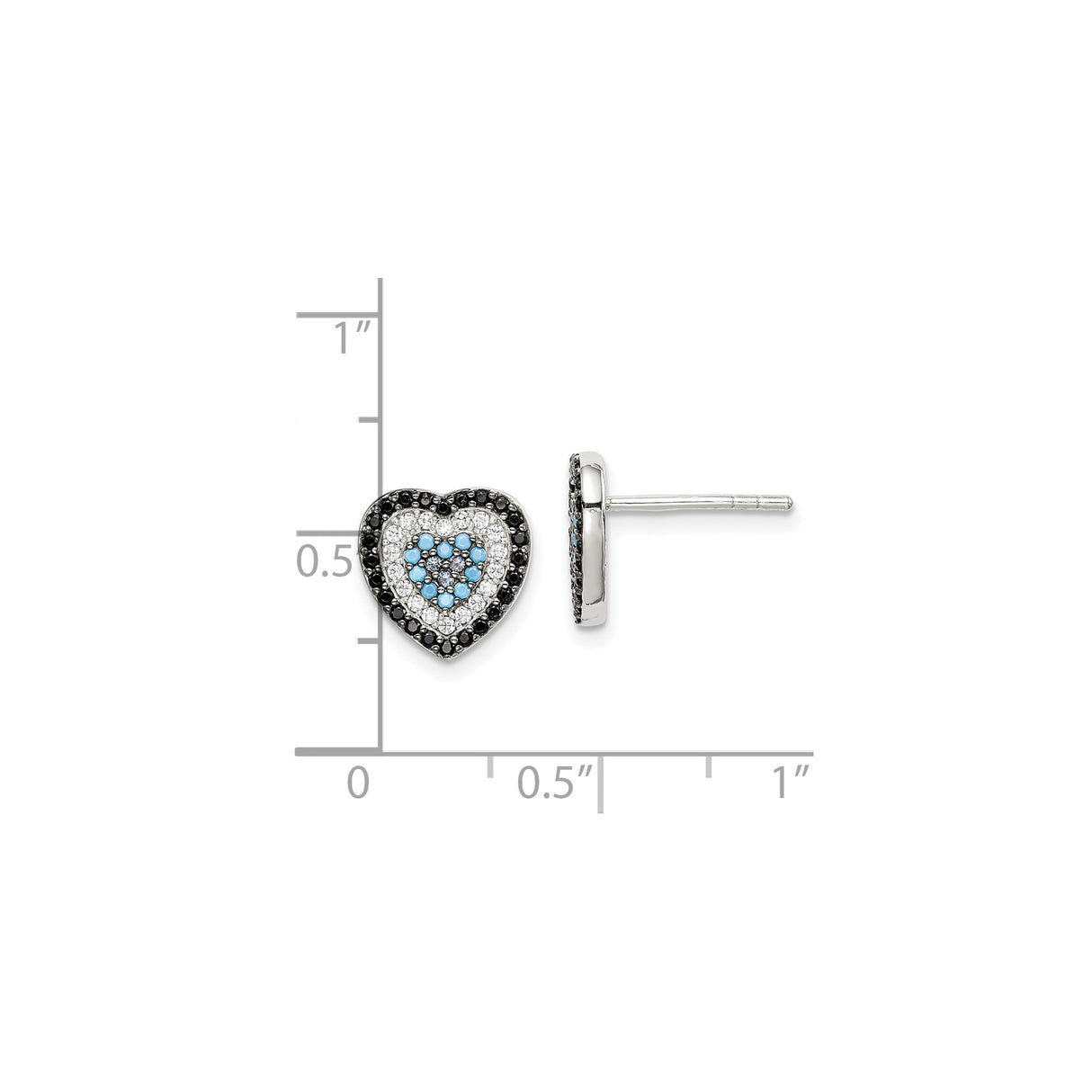 Sterling Silver Heart Stud Earrings with Black, White, and Light Blue Cubic Zirconia