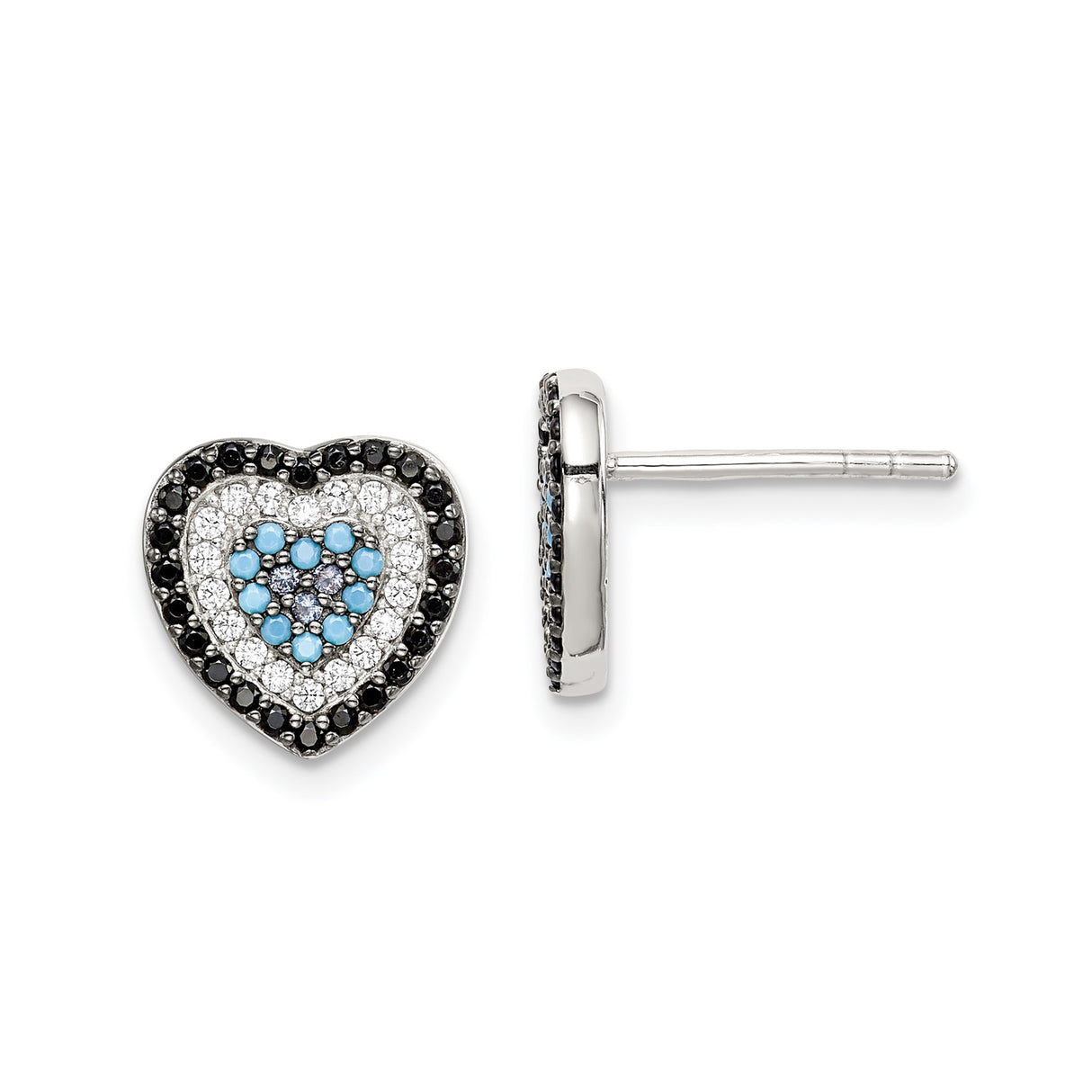 Sterling Silver Heart Stud Earrings with Black, White, and Light Blue Cubic Zirconia