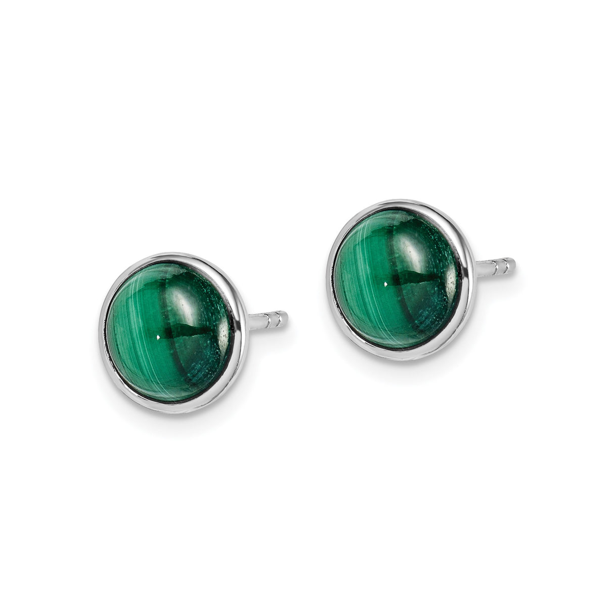 Sterling Silver Stud Earrings with Malachite Cabochon, Round Striped Stone Design for Women