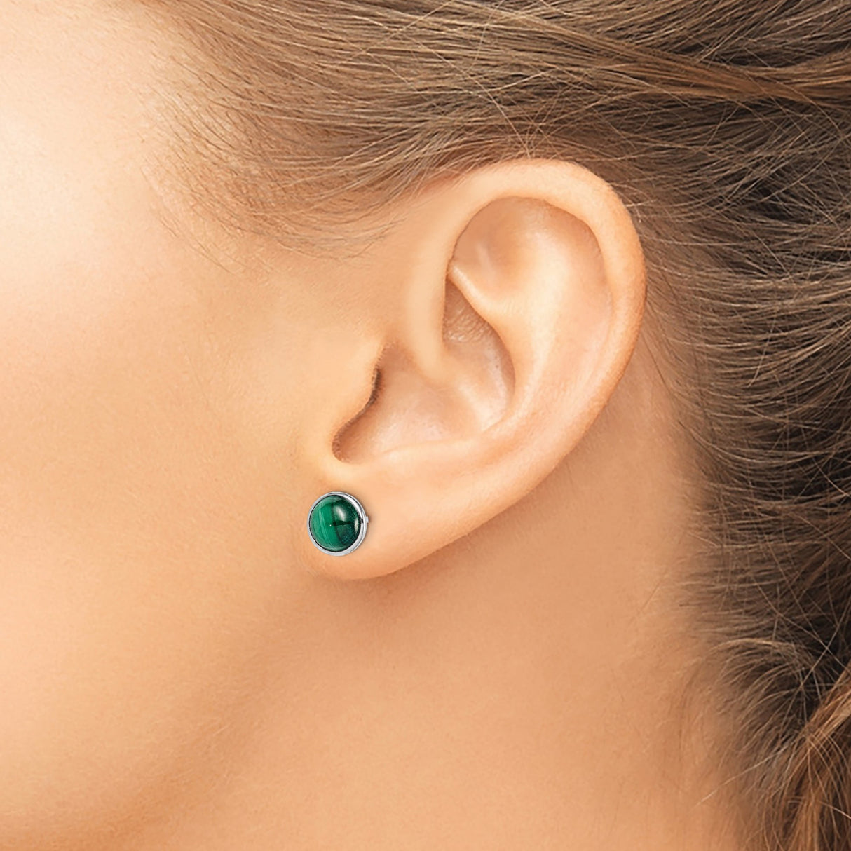 Sterling Silver Stud Earrings with Malachite Cabochon, Round Striped Stone Design for Women