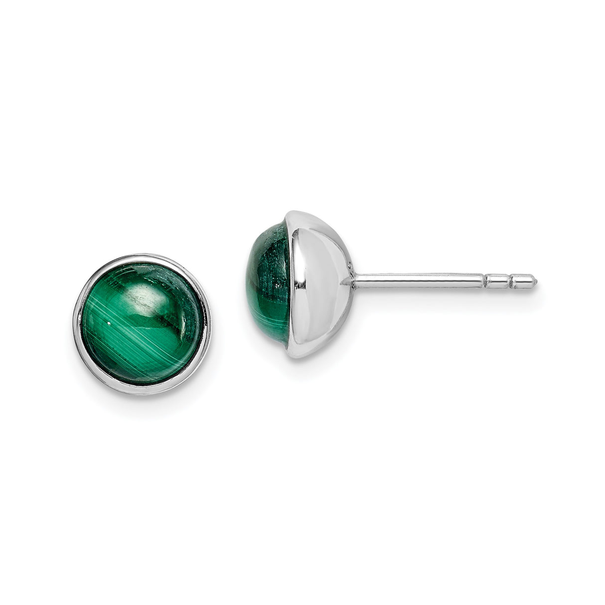 Sterling Silver Stud Earrings with Malachite Cabochon, Round Striped Stone Design for Women