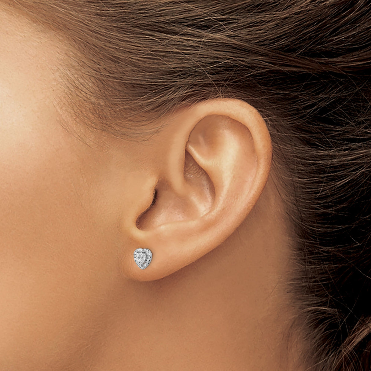 Sterling Silver Heart Stud Earrings with Double Halo Cubic Zirconia