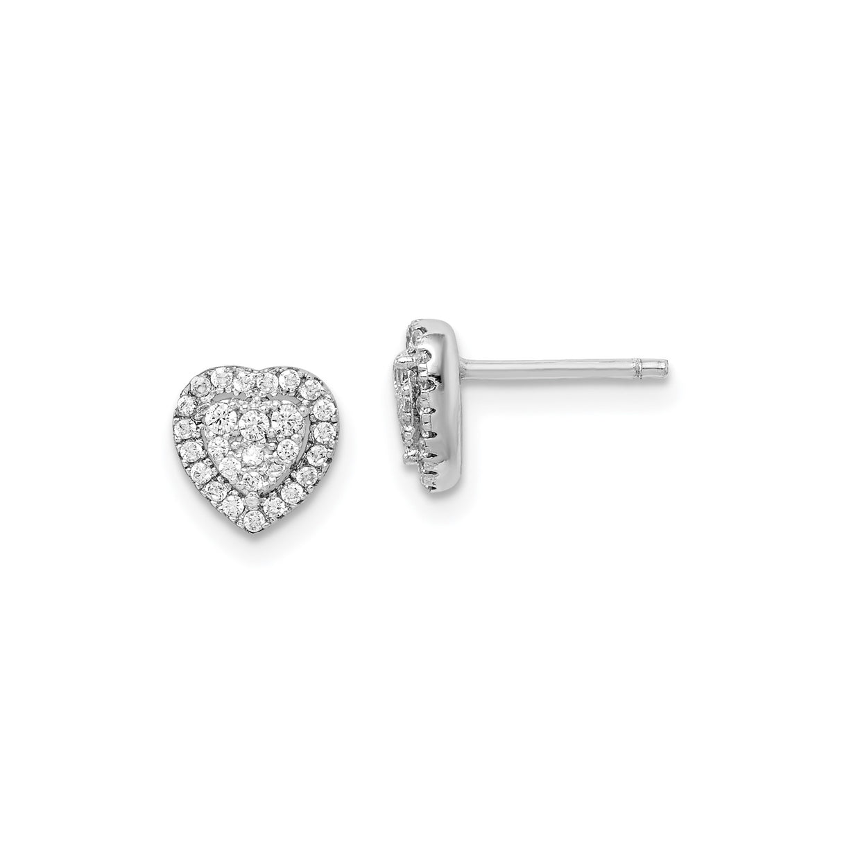 Sterling Silver Heart Stud Earrings with Double Halo Cubic Zirconia