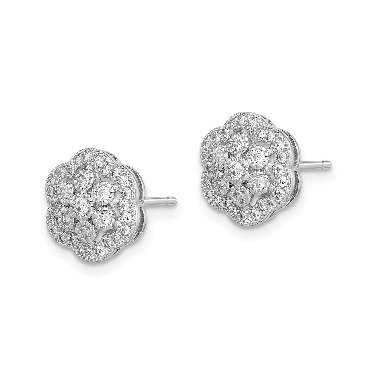 Sterling Silver Flower Stud Earrings with Cubic Zirconia Cluster in Layered Floral Design