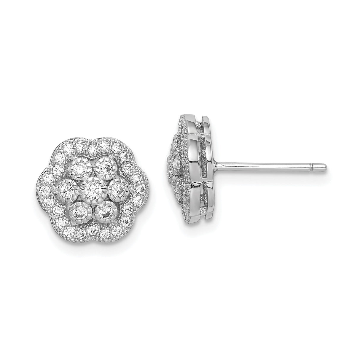 Sterling Silver Flower Stud Earrings with Cubic Zirconia Cluster in Layered Floral Design