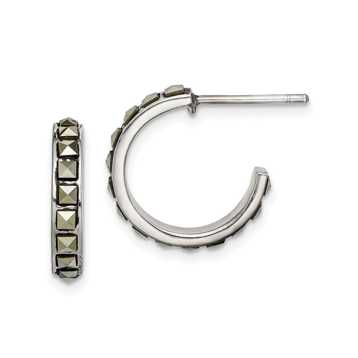 Sterling Silver Hoop Earrings with Pyramid Cut Marcasite, Geometric Modern Design