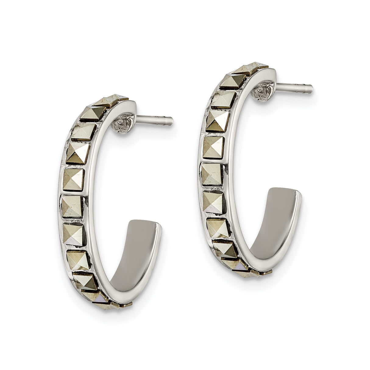 Sterling Silver Hoop Earrings with Marcasite, Square Pyramid Studded Design, Modern Geometric Style