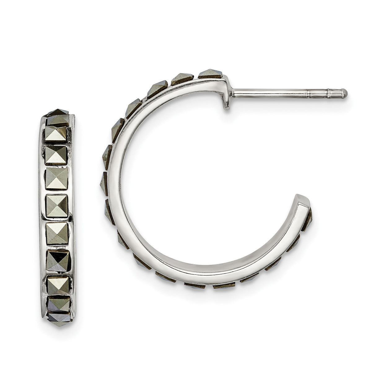 Sterling Silver Hoop Earrings with Marcasite, Square Pyramid Studded Design, Modern Geometric Style