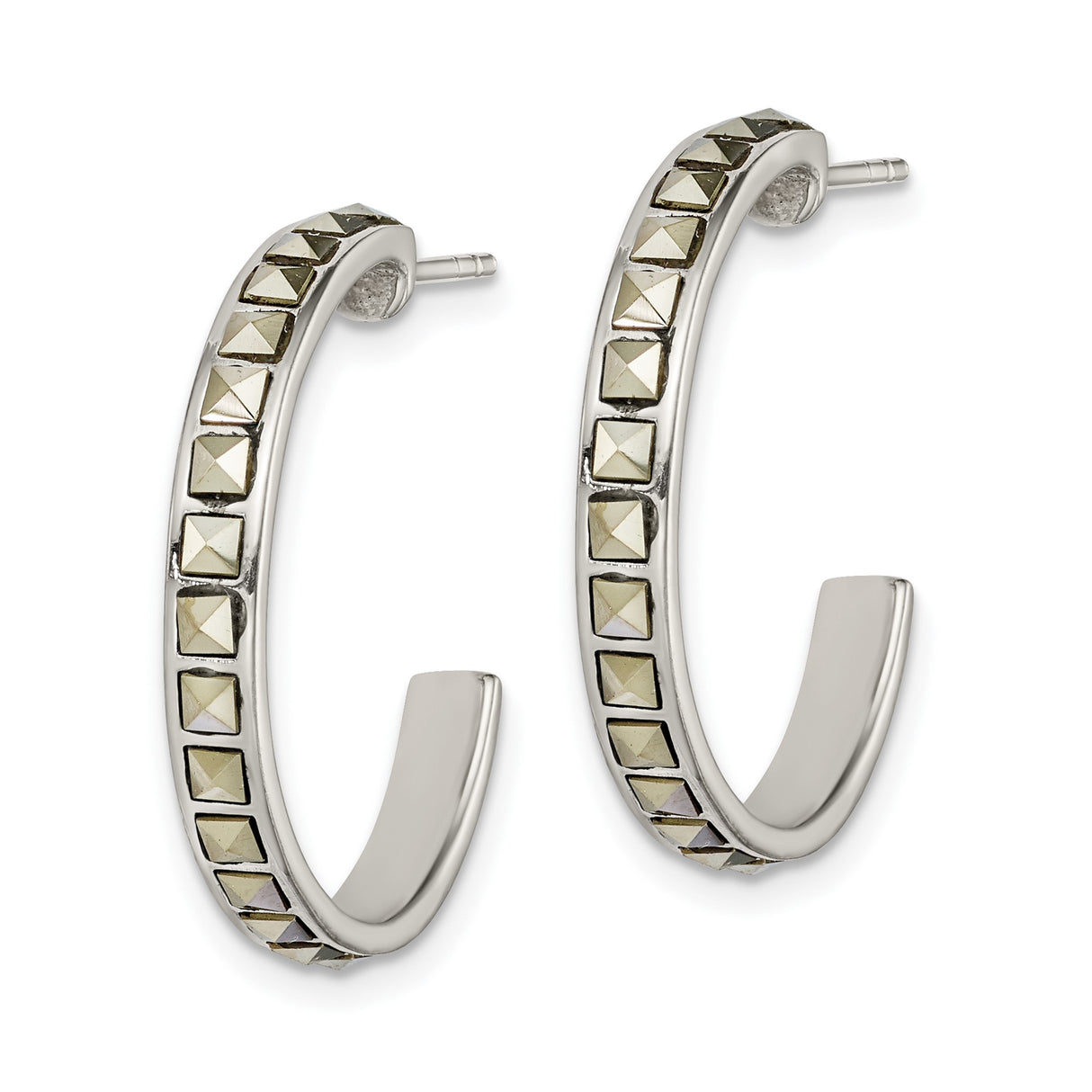 Sterling Silver Hoop Earrings with Marcasite, Pyramid Cut, Oxidized Textured Design