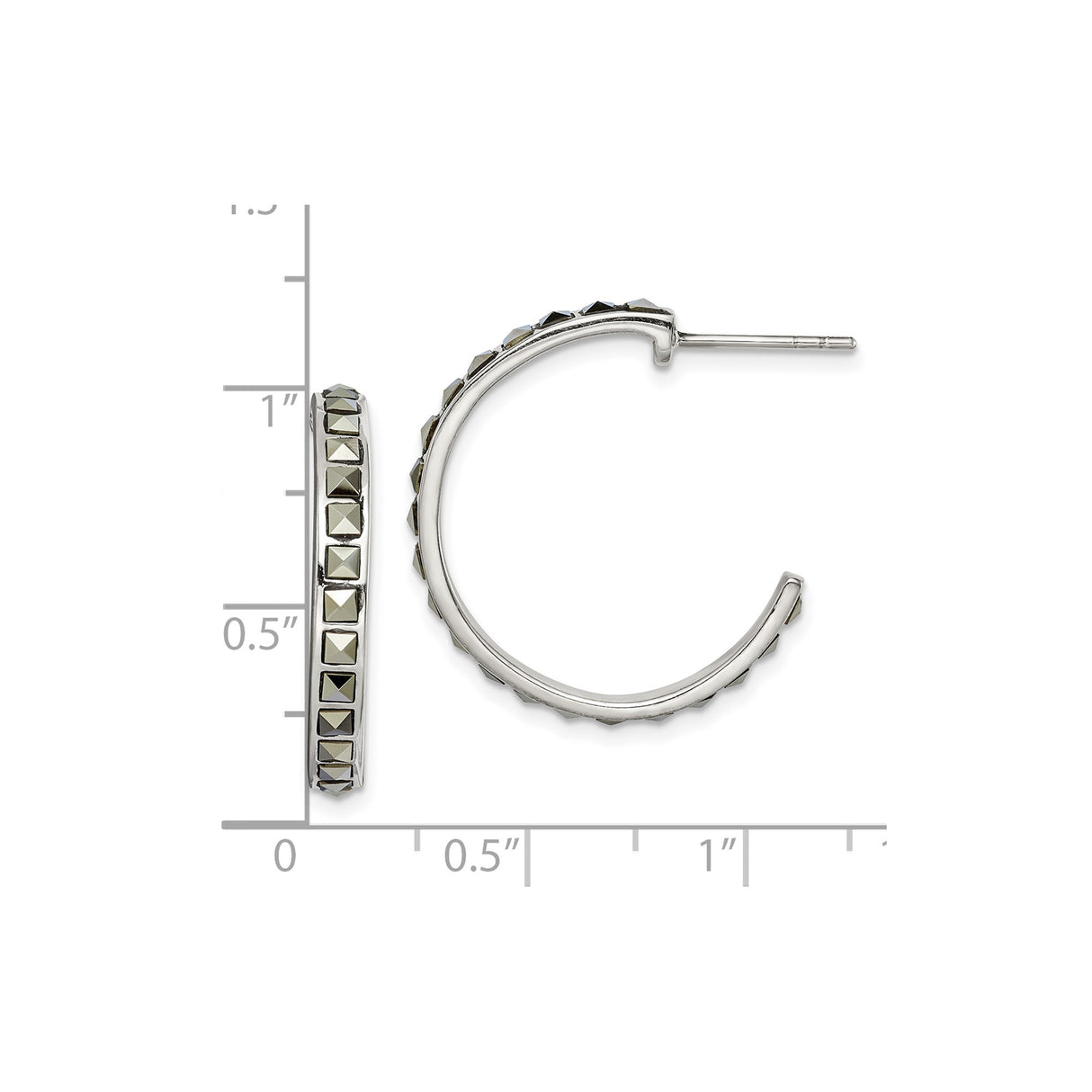 Sterling Silver Hoop Earrings with Marcasite, Pyramid Cut, Oxidized Textured Design