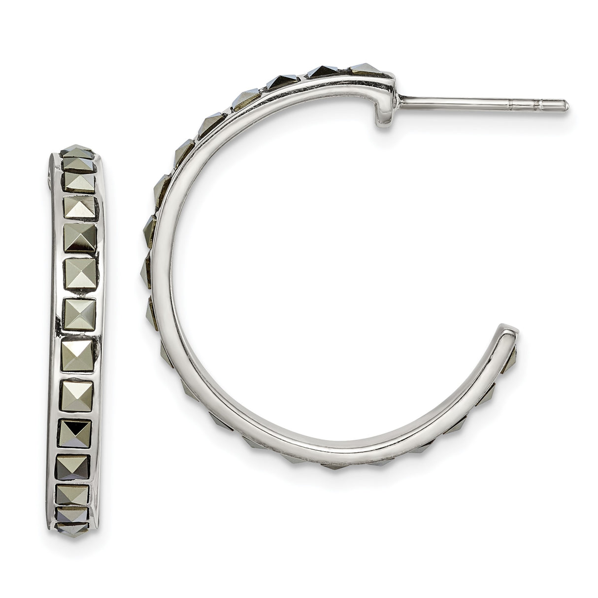 Sterling Silver Hoop Earrings with Marcasite, Pyramid Cut, Oxidized Textured Design