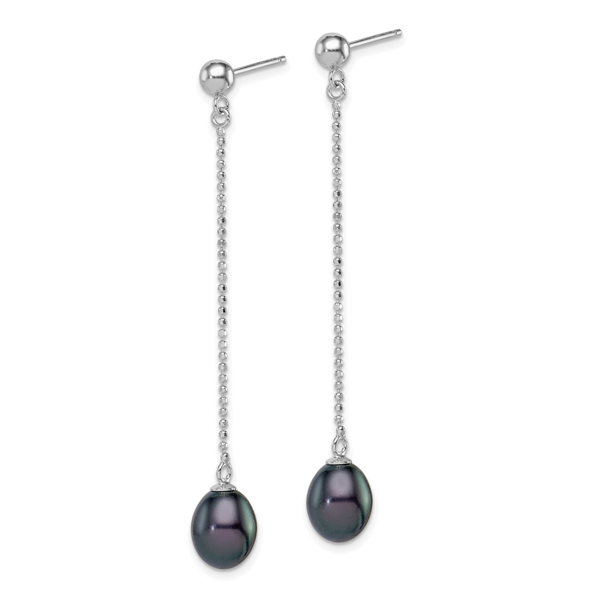 Sterling Silver Dangle Earrings with Dark Freshwater Pearls, Long Chain Drop Design