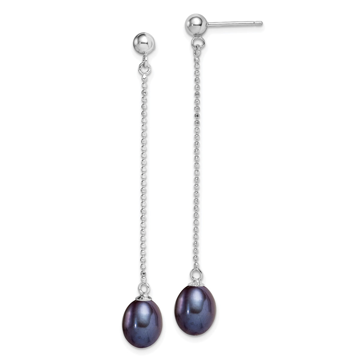 Sterling Silver Dangle Earrings with Dark Freshwater Pearls, Long Chain Drop Design