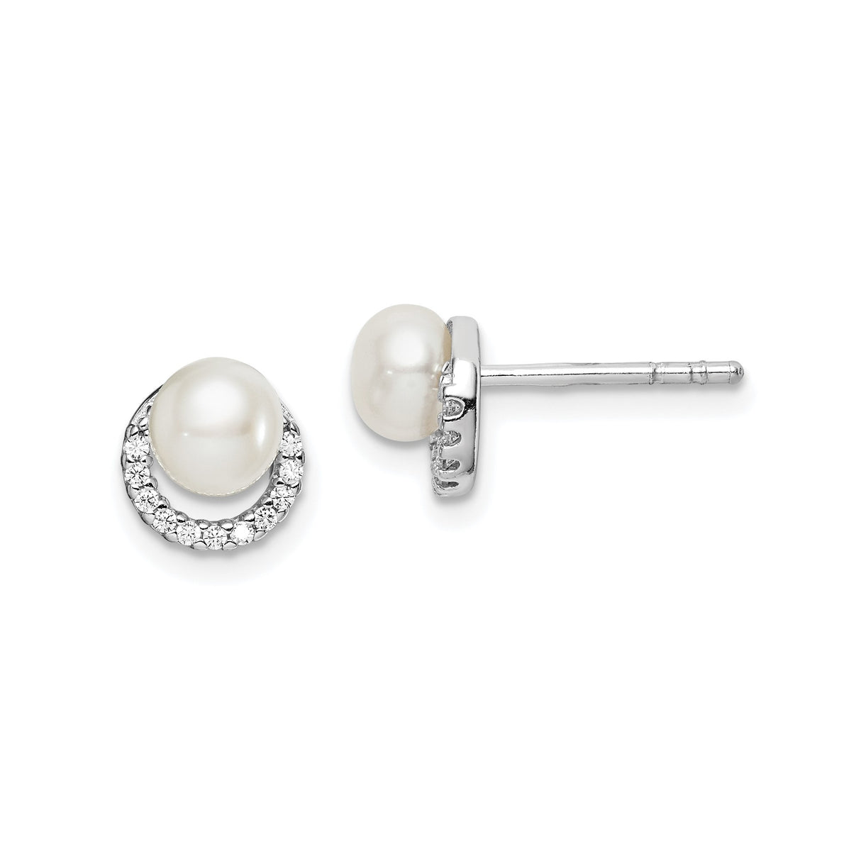 Sterling Silver Stud Earrings with Freshwater Pearls and Cubic Zirconia Circle Design