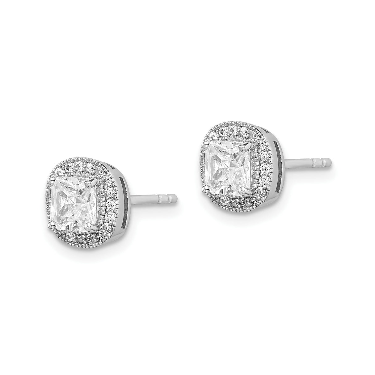 Sterling Silver Stud Earrings with Cushion Cut Cubic Zirconia in Halo Setting