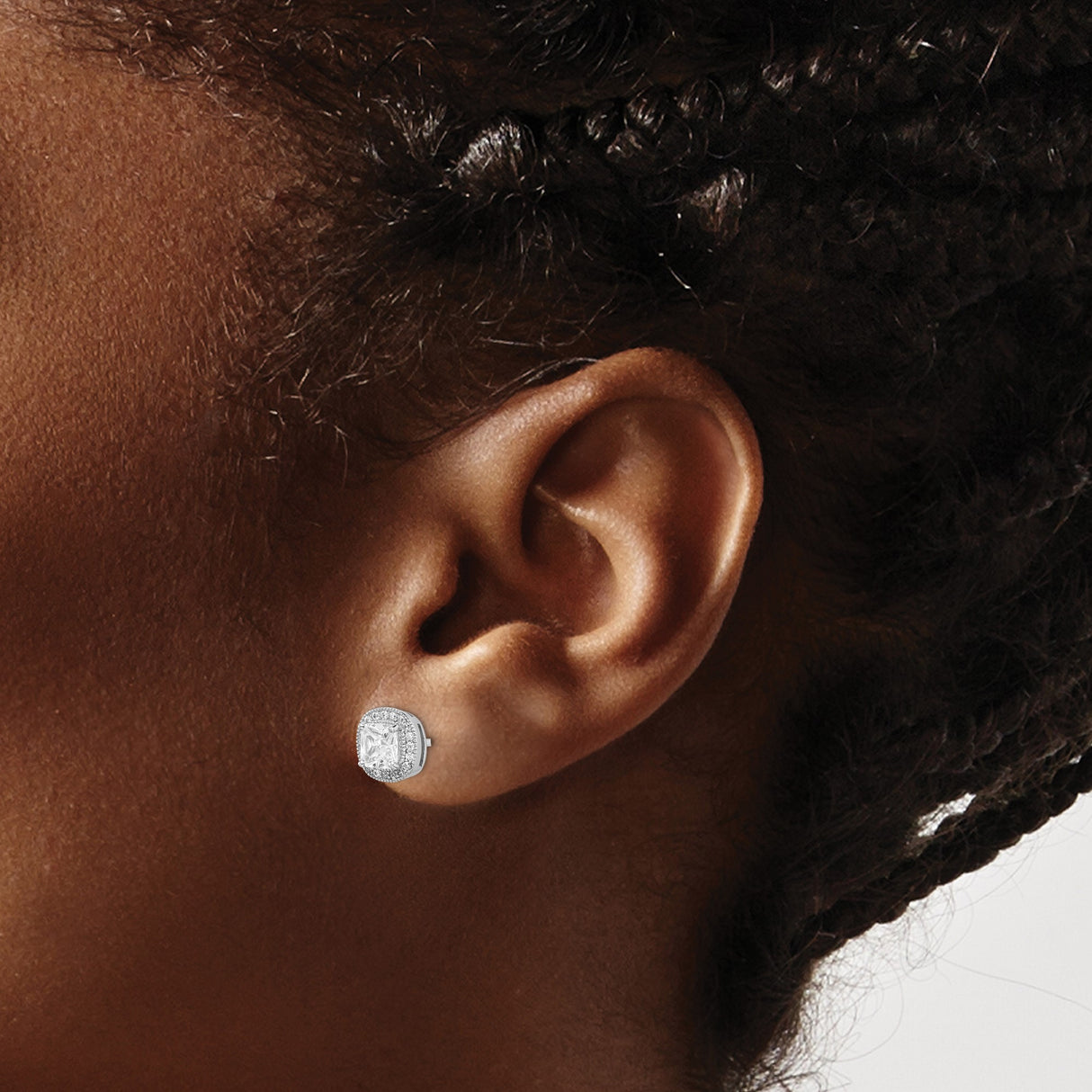 Sterling Silver Stud Earrings with Cushion Cut Cubic Zirconia in Halo Setting