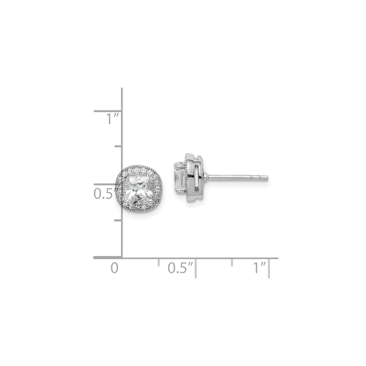 Sterling Silver Stud Earrings with Cushion Cut Cubic Zirconia in Halo Setting