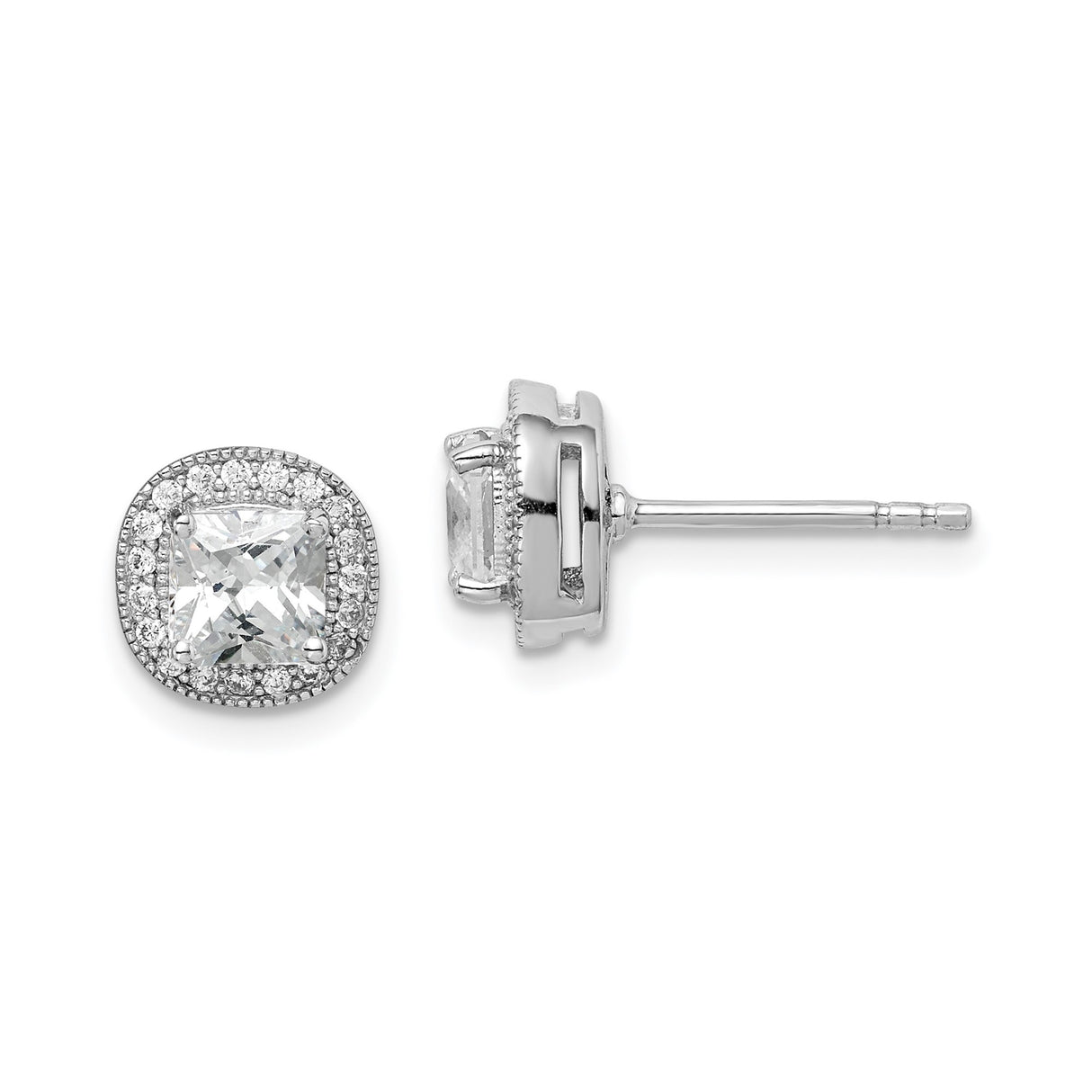 Sterling Silver Stud Earrings with Cushion Cut Cubic Zirconia in Halo Setting