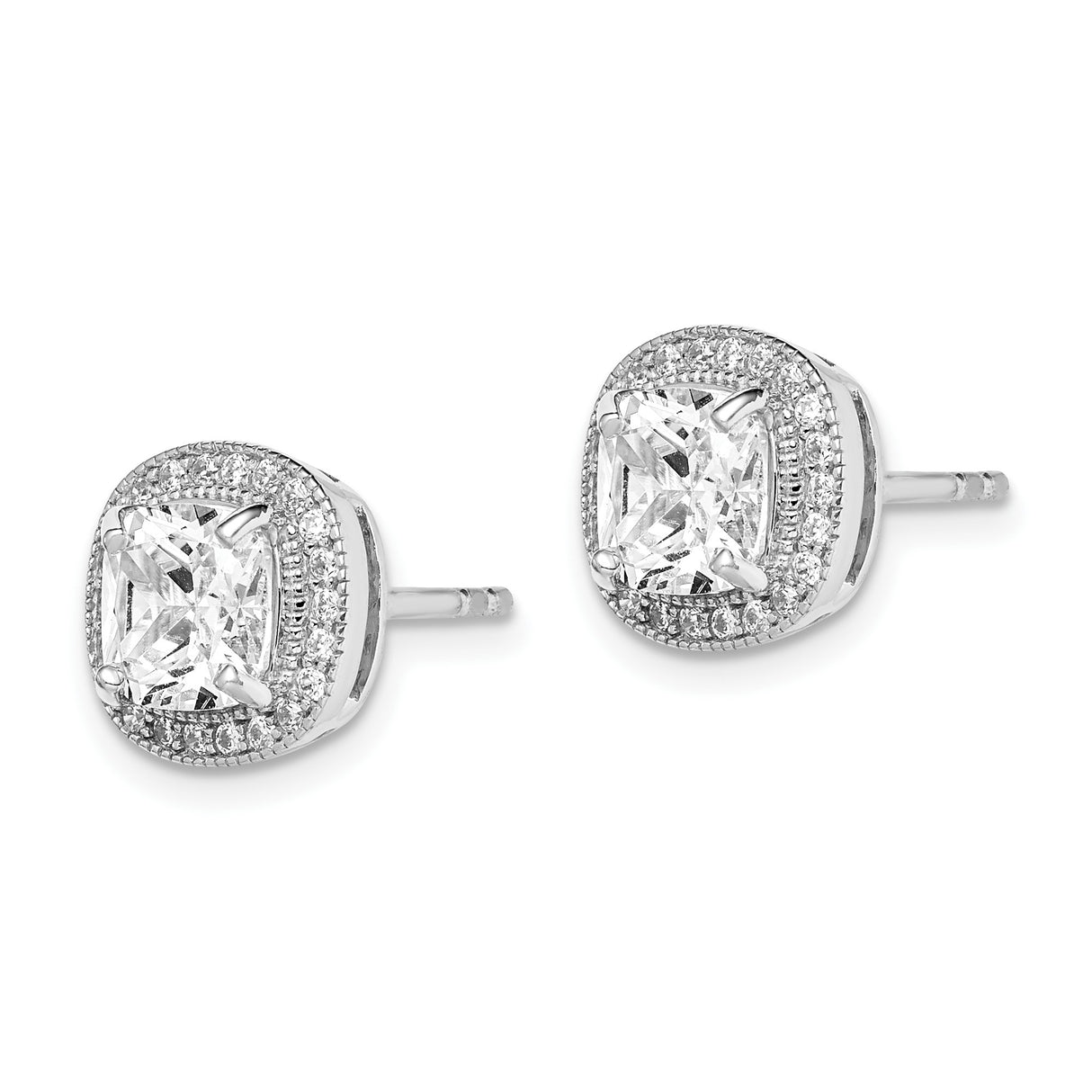 Sterling Silver Halo Stud Earrings with Cushion Cut Cubic Zirconia Center Stone