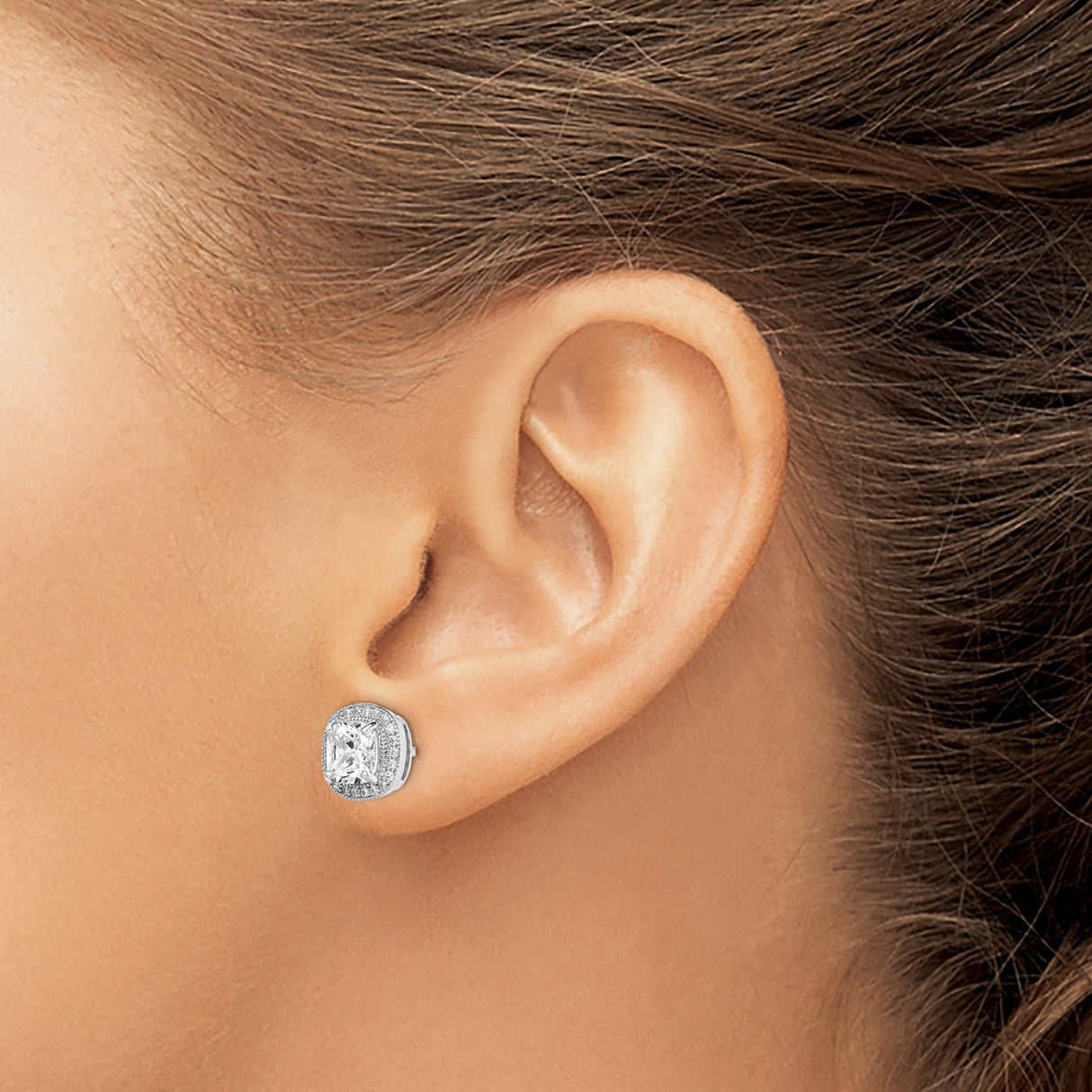 Sterling Silver Halo Stud Earrings with Cushion Cut Cubic Zirconia Center Stone