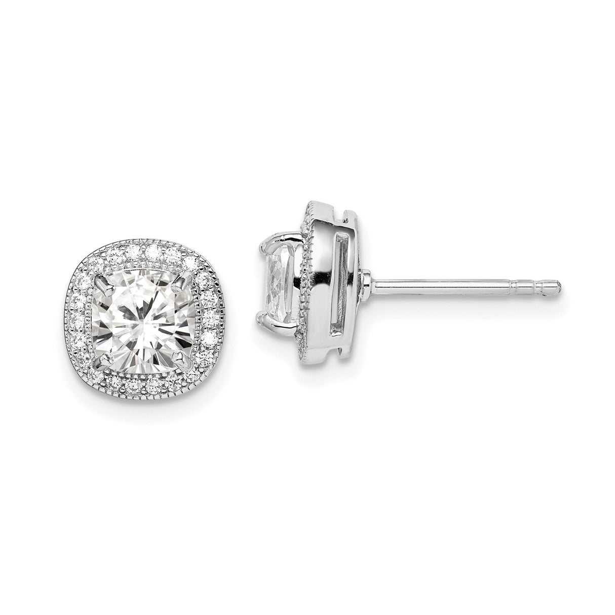 Sterling Silver Halo Stud Earrings with Cushion Cut Cubic Zirconia Center Stone