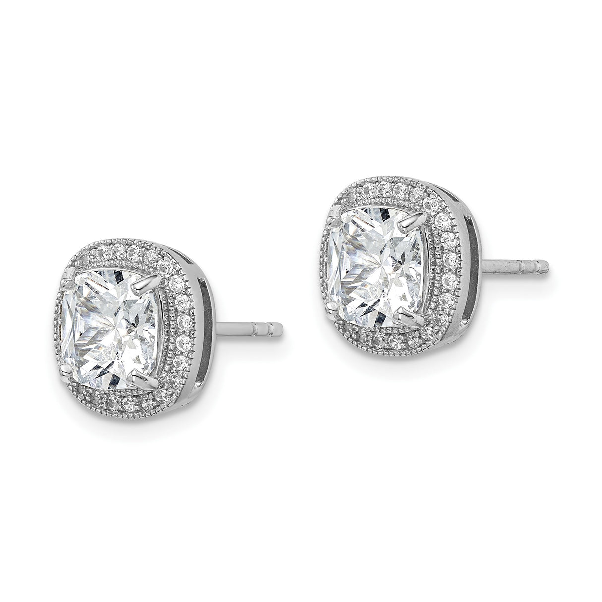 Sterling Silver Stud Earrings with Cushion Cut Cubic Zirconia and Halo Accents