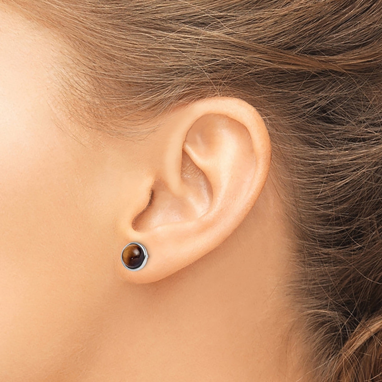 Sterling Silver Stud Earrings with Round Tigers Eye Cabochon Stones, Spiritual Jewelry