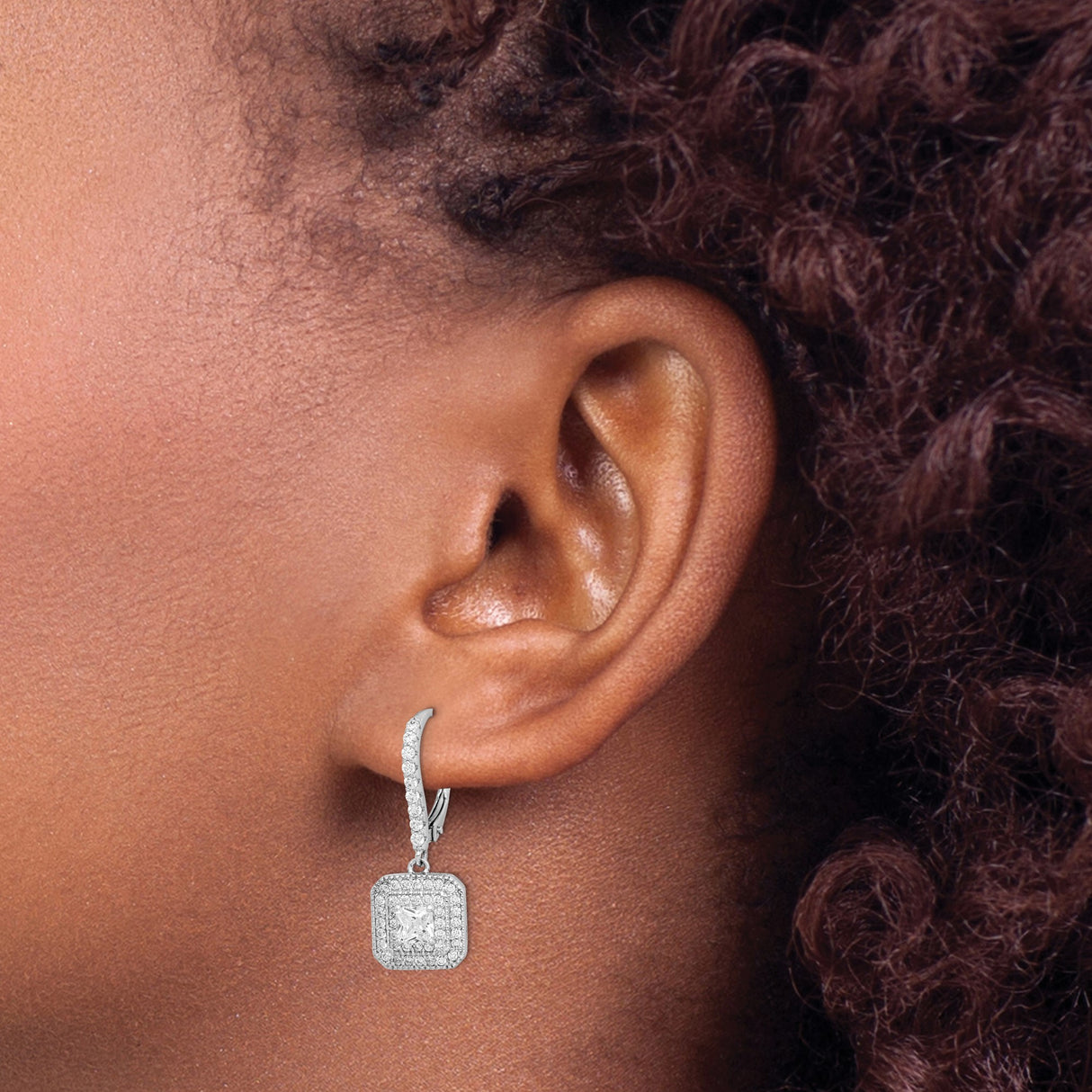 Sterling Silver Drop Earrings with Princess Cut Cubic Zirconia and Halo Design Leverbacks