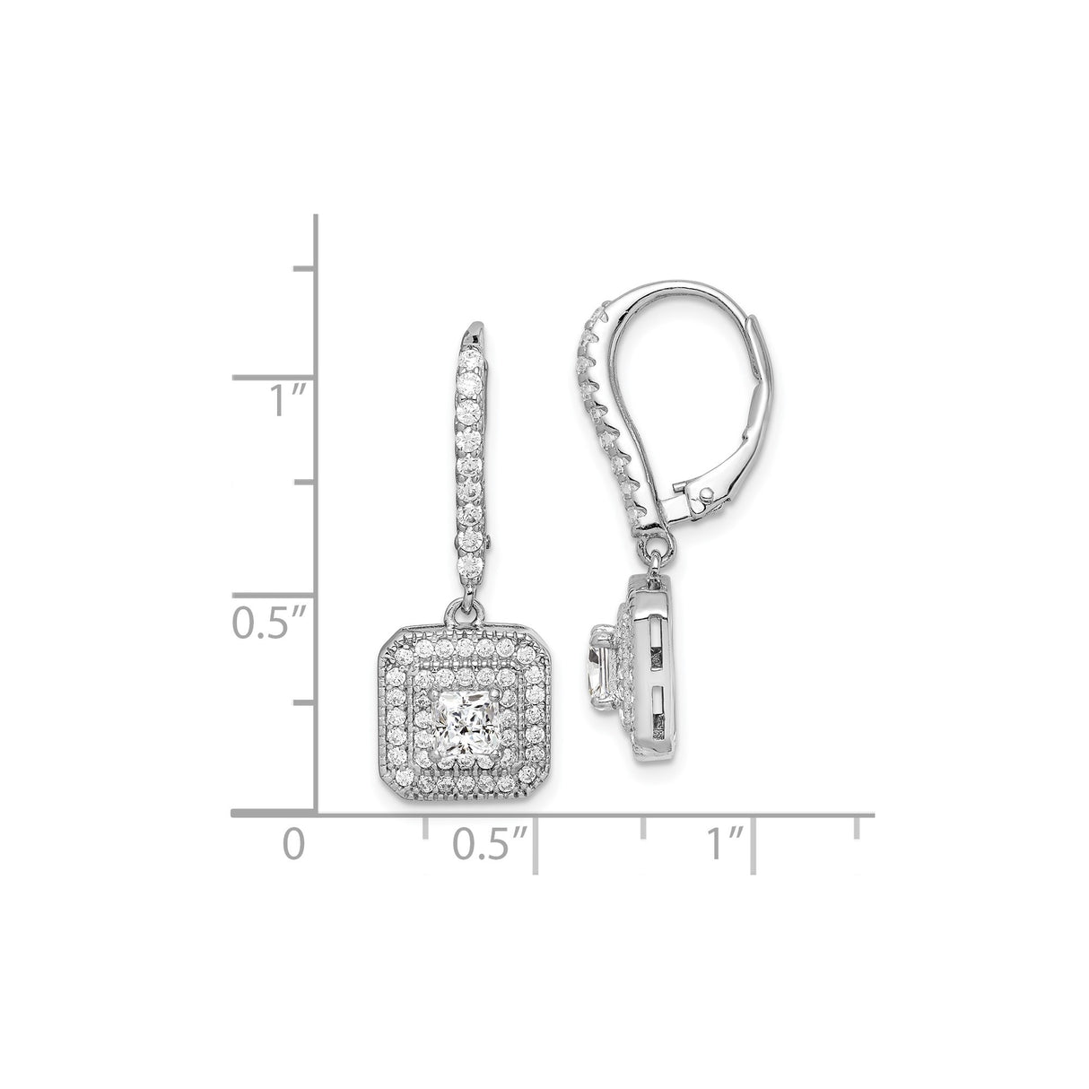 Sterling Silver Drop Earrings with Princess Cut Cubic Zirconia and Halo Design Leverbacks