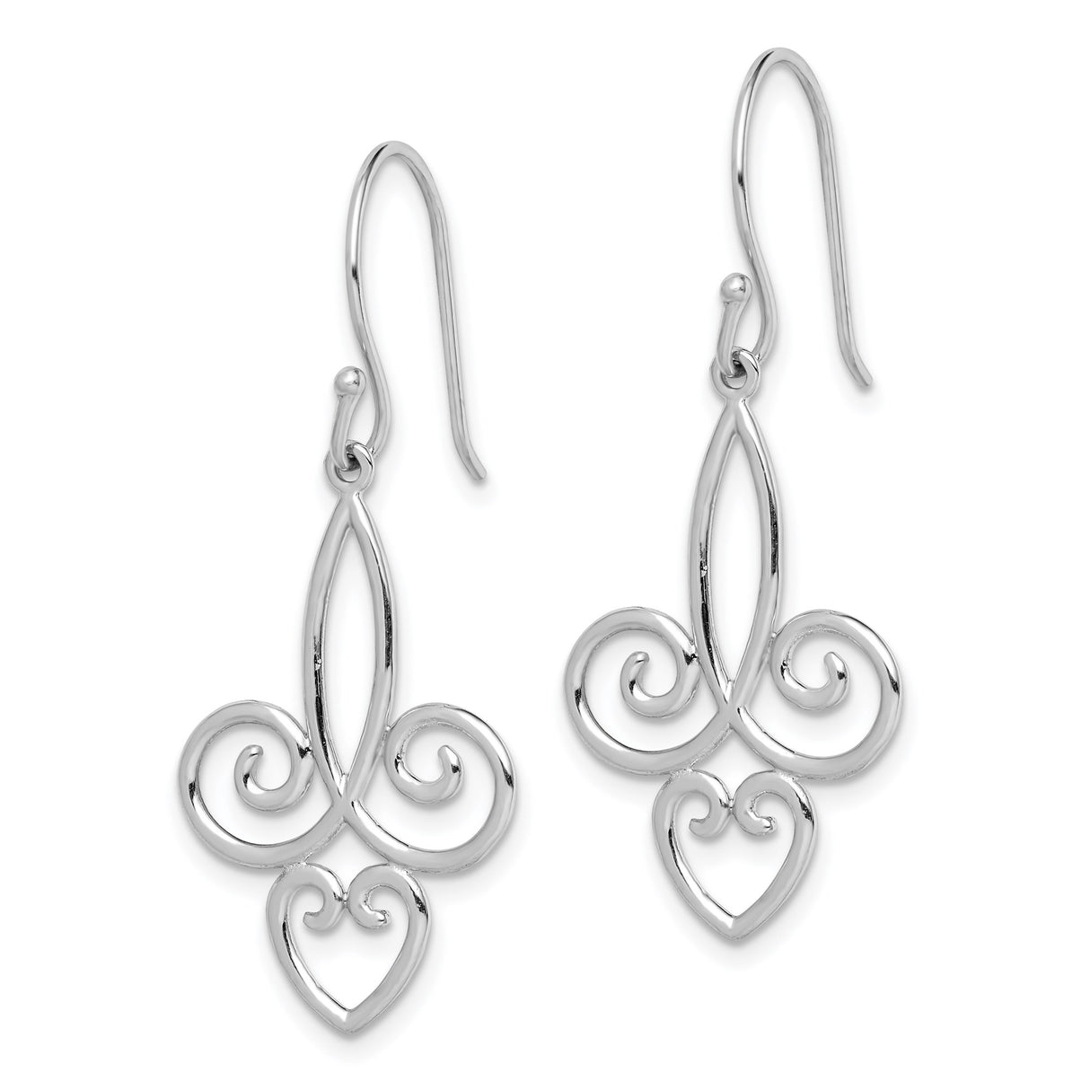 Sterling Silver Dangle Earrings with Openwork Fleur de Lis and Heart Motif